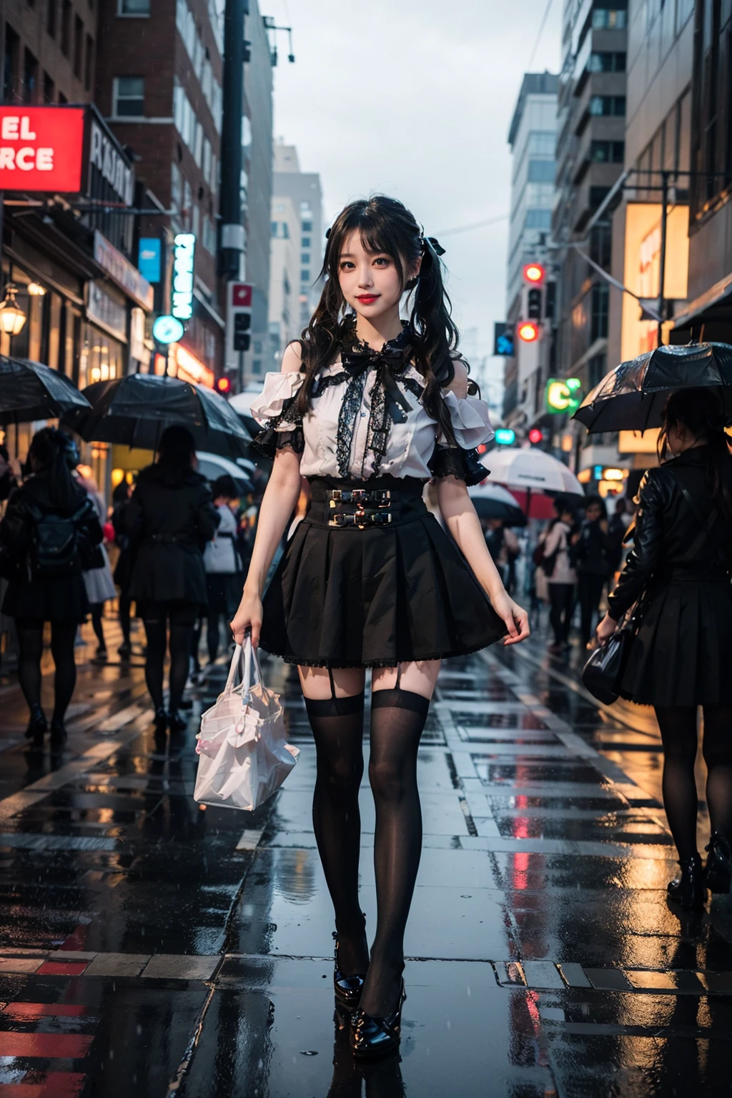 best quality, quality, masterpiece, photorealistic, 1girl, solo, twintails, hair ribbon, standing, full body, jirai kei attire, jirai kei, black thighhighs, high heels, in street, neon light, rain, cityscape, <lora:jiraikei_attire_style2_v1:0.65>