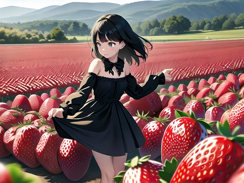 solo,Goth dress girl picking strawberries in a strawberry field