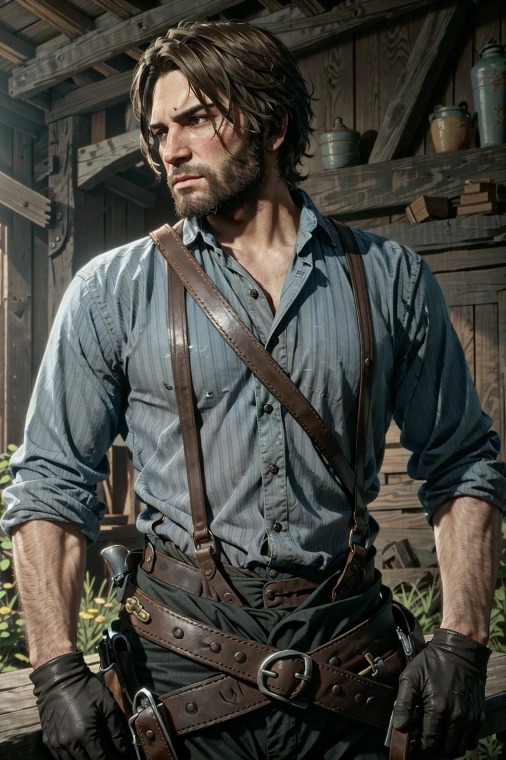 Ugly Shabby, Beggar Poor American Gambler Michael Landon cowboy 20 years pale man from the American "Bonanza" series, black hair, highly detailed, digital painting, splash art., art by Greg Rutkowski and Artgerm, soft cinematic light, Adobe Lightroom, Photolab, HDR, intricate, highly detailed, (depth of field:1.4)
