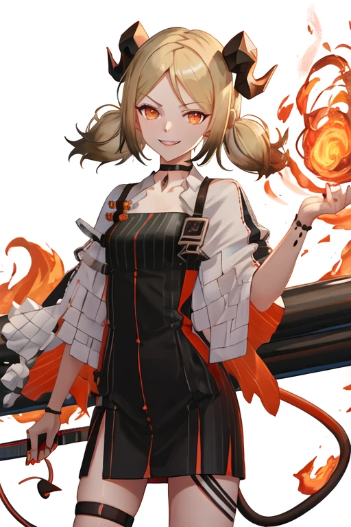 best quality, masterpiece, highres, solo, {ifrit_arknights:1.15}, horns, blonde_hair, orange_eyes, twintails, short_hair, demon_horns, smile, upper_body, fire, 1girl, black_choker, choker, dress, nail_polish, orange_nails, black_dress, hair_between_eyes, holding, holding_weapon, looking_at_viewer, low_twintails, parted_lips, simple_background, weapon, white_background, hand_up