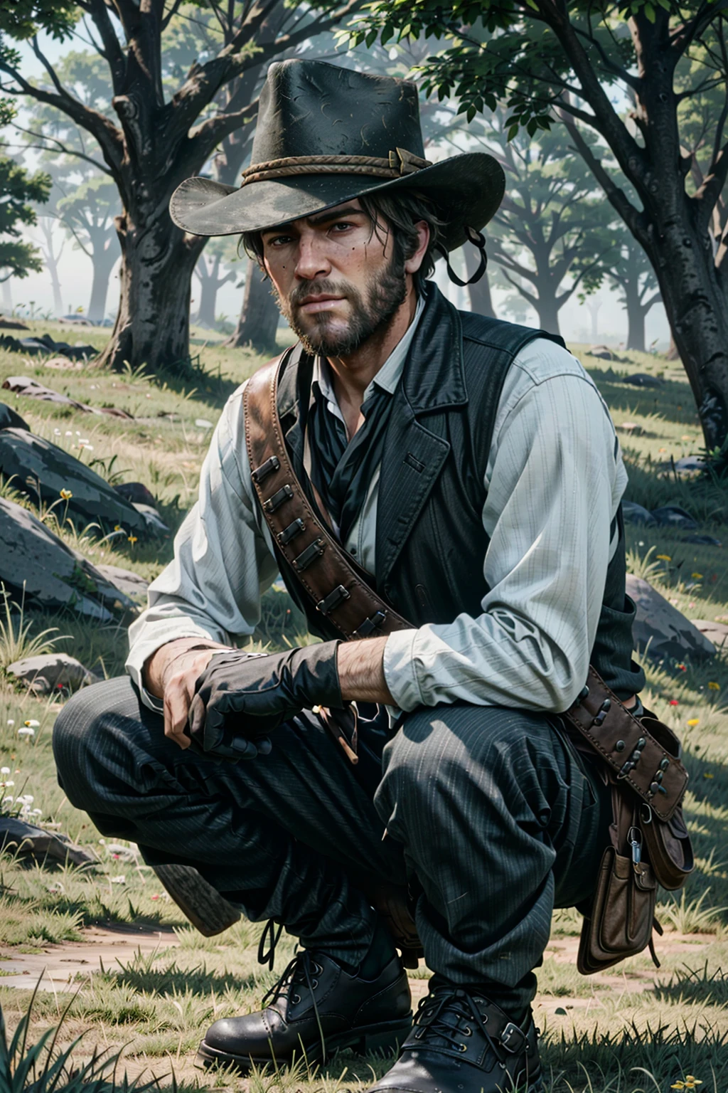 ArthurRDR, hat, male focus, gloves, 1boy, facial hair, pants, beard, shirt, black vest, boots, vest, gun, outdoors, white shirt, bandolier, realistic, tree, brown hair, grass, black gloves, weapon, solo, solo focus, nature, looking at viewer, cowboy hat, squatting, black headwear, long sleeves, bullet, black footwear, one knee, black pants, short hair
<lora:epi_noiseoffset2:1>,  <lora:ArthurRDR:0.7>