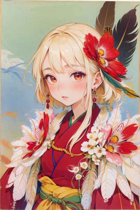 gongbihua, masterpiece, best quality,(1girl:1, upper body:1, symmetry center portrait, face front), fractal art,colorful,highest detailed, (wear feather hanfu), (abstract background), (many colors), ,(earrings), (feathers),multicolored background,extremely detailed,(flowers:1.3), <lora:gongbi:0.9>