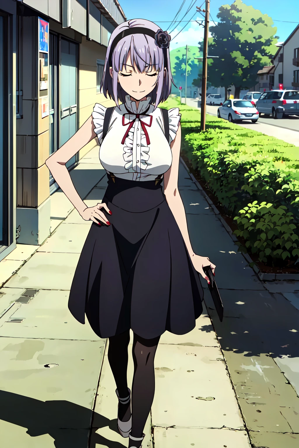 (extremely detailed CG unity 8k wallpaper),(masterpiece),(best quality),(ultra-detailed),(best illustration),(best shadow),(absurdres), <lora:hotaru-09:0.7>, Hotaru, 1girl, solo, closed eyes, skirt, breasts, hand on hip, large breasts, purple hair, flower, high-waist skirt, red nails, hairband, hair flower, hair ornament, smile, short hair, nail polish, pantyhose, outdoors, sleeveless, black flower, shirt, suspender skirt, black rose, suspenders, frills, ribbon, rose jacket anime coloring