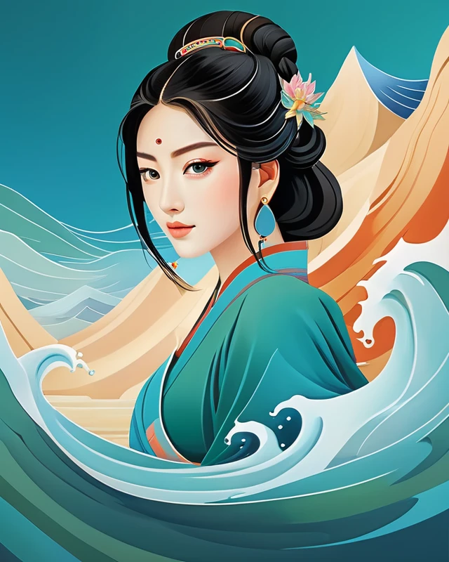 DUNHUANG,DUNHUANG BACKGROUND,DUNHUANG FACE,(masterpiece, best quality:1.3), (flat color:1.3),(colorful:1.3),looking at viewer,1girl,solo,floating colorful water,(2D:1.3)