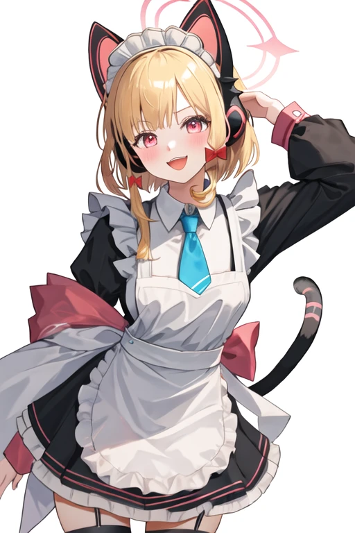 best quality, masterpiece, highres, solo, {momoi_bluearchive:1.15}, animal_ears, headphones, blonde_hair, fake_animal_ears, animal_ear_headphones, cat_ear_headphones, bow, halo, hair_bow, bangs, pink_eyes, blush, open_mouth, short_hair, necktie, blue_necktie, red_bow, cat_ears, red_eyes, 1girl, maid_headdress, maid, simple_background, white_background, long_sleeves, looking_at_viewer, ribbon, alternate_costume, apron, smile, sidelocks, tail