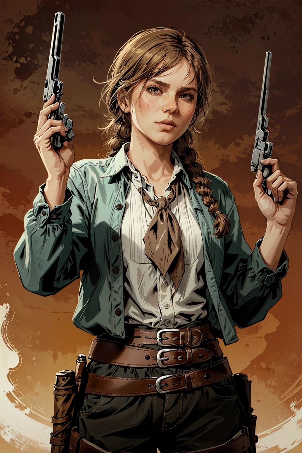SadieRDR, weapon, 1girl, solo, gun, holding, braid, belt, handgun, shirt, holding weapon, holding gun, revolver, long hair, single braid, brown hair, dual wielding, looking at viewer, brown belt, sky, red background, upper body, red sky
<lora:epi_noiseoffset2:1>, <lora:SadieRDR:0.7>