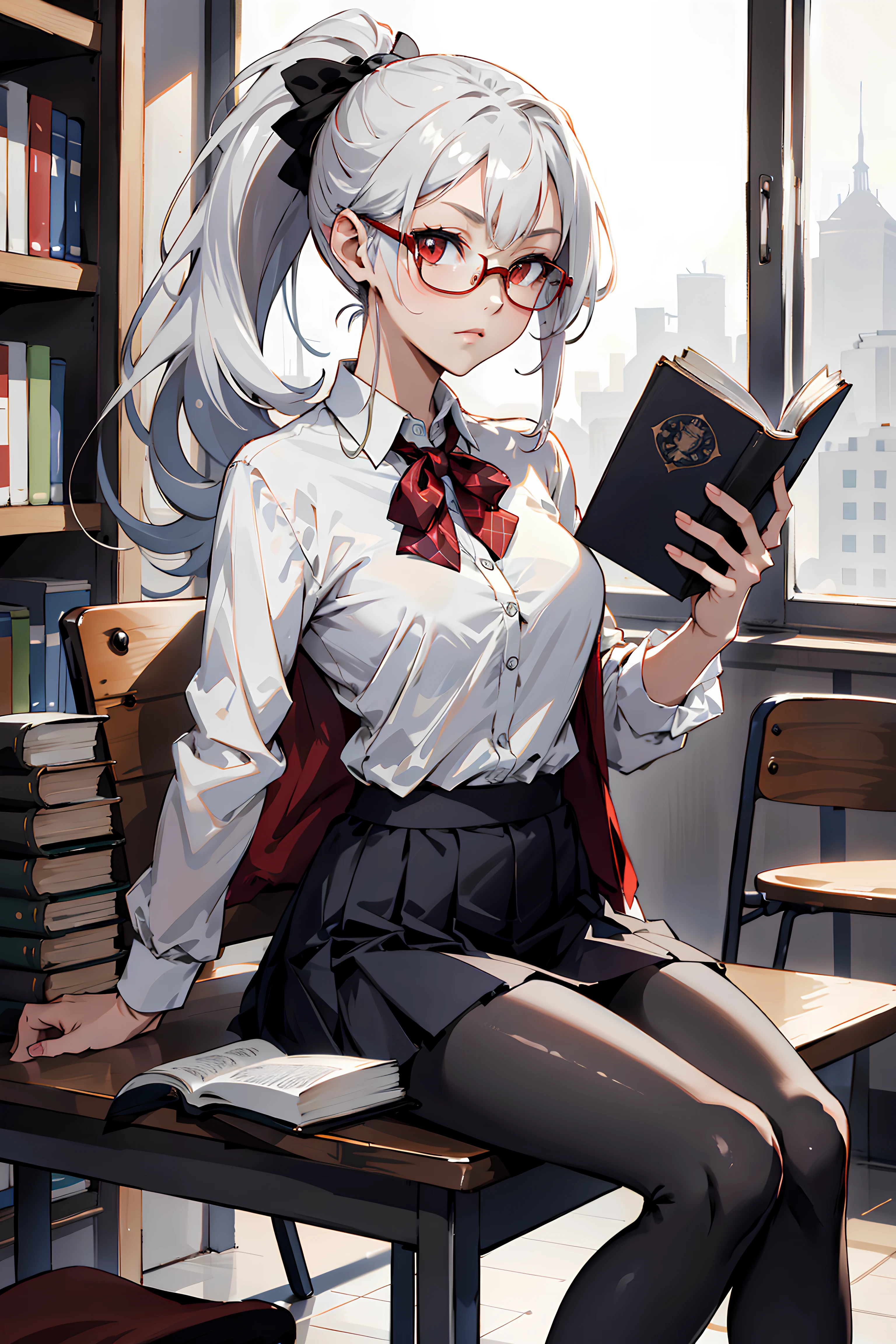 dim lighting, room lighting, library, people sitting at tables in the background, bokeh, 1girl, mature female, medium breasts, looking at viewer, sitting, holding book, sitting at table, (white hair, high ponytail, long hair), (red eyes:1.2), (expressionless:1.2), glasses, raised eyebrow, school uniform, white shirt, grey jacket, grey skirt, pantyhose, the girl is sitting in the library and studying, she raises her gaze from her book, perturbed by your presence,  <lyco:GoodHands-vanilla:1>