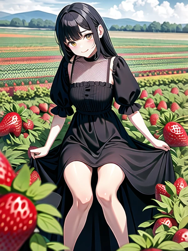 solo,Goth dress girl picking strawberries in a strawberry field