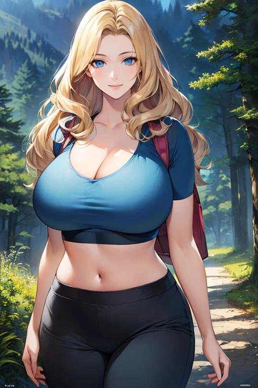 ((masterpiece)), ((best quality)), (ultra-detailed), absurdres, extremely detailed CG unity 8k wallpaper, Official Art, Accurate describe shapes, beautiful face, detailed hands, expressive eyes, upper body, looking at viewer, solo, (realistic), close-up, (forest, dramatic light, scenery, illustration:1.1), (walking, jogging, arm at side, smile:1.2), (1girl, mature female, milf, motherly, blonde hair, blue eyes, curvy, wide hips, huge breasts, wavy hair, long hair:1.4), (blue croptop, blue backpack, midriff, cleavage, black shorts:1.3), ,((masterpiece)), absurdres, HDR <lora:epi_noiseoffset2:0.7> <lora:GoodHands-beta2:1> <lora:MatureFemaleLoHA:0.7>