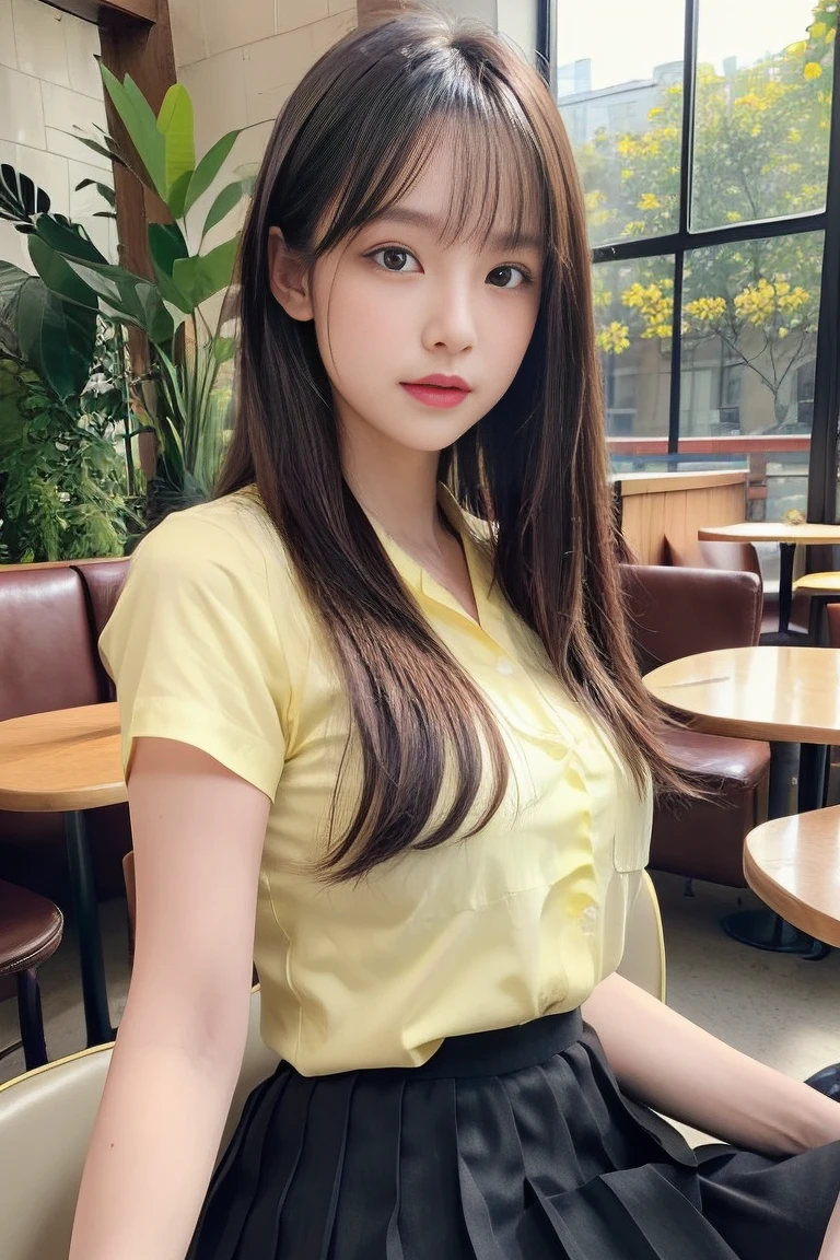 ,high school student,Yellow T-shirt,Culottes,Black Hair,bangs,ponytail,Straight hair,Dark Eyes,thin足,slender,Small face,Young Face,Clean your eyes,Small Mouth,thin,Young Face,Small breasts,Small breasts,Small breasts,Small breasts,Realistic photos,4K,Mouth slightly open,Ultra HD,whole body,Pure girl,whole body,,Smile,8 heads,Low - Angle,living room,On the sofa,