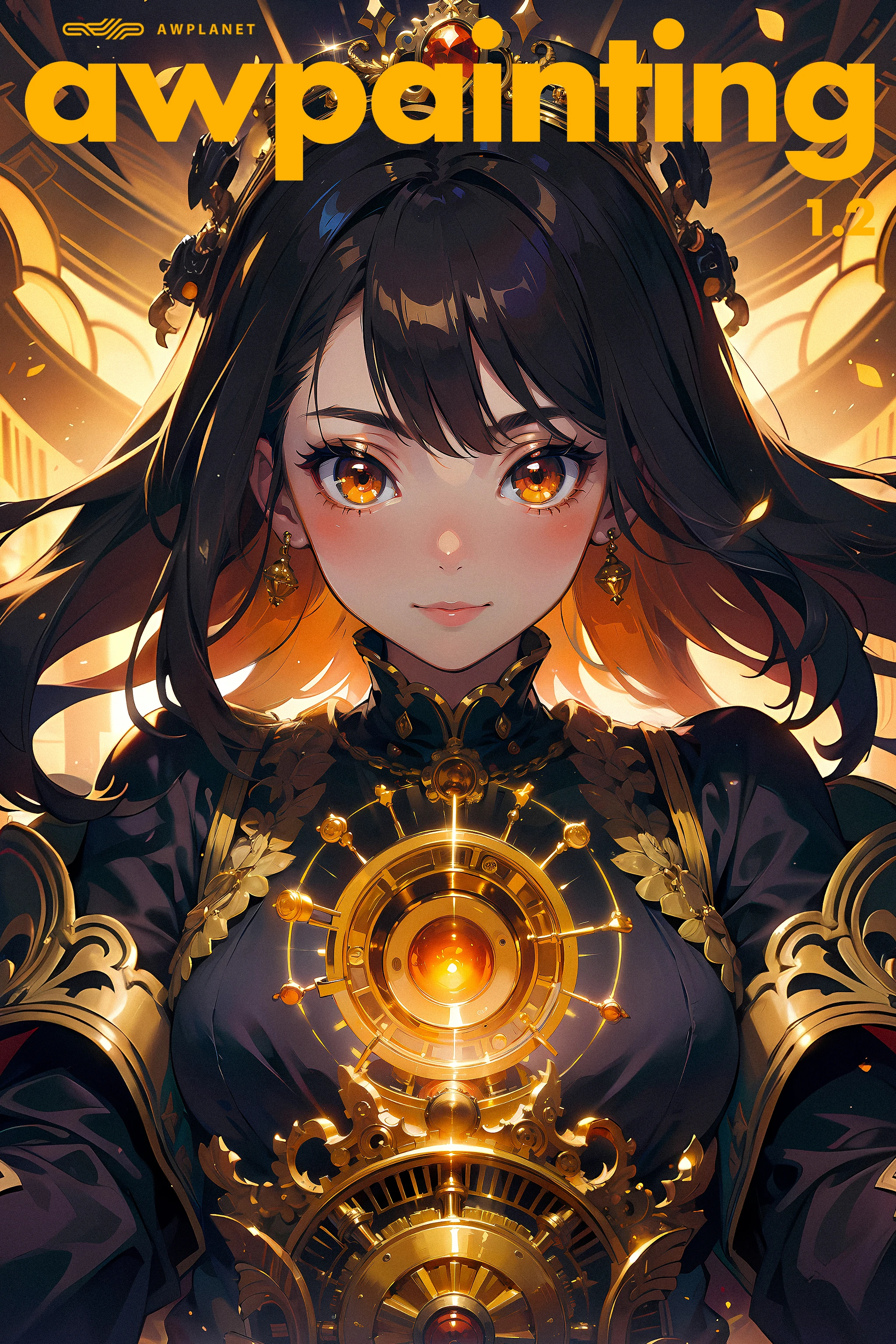 (masterpiece, top quality, best quality, official art, beautiful and aesthetic, in center, face front:1) a girl, smile, close-up portrait, and a machine he was using, in the style of ornate complexity, dark orange and light bronze, abstraction-création, elaborate costumes, light crimson and gray, varying perspectives, light gold and bronze