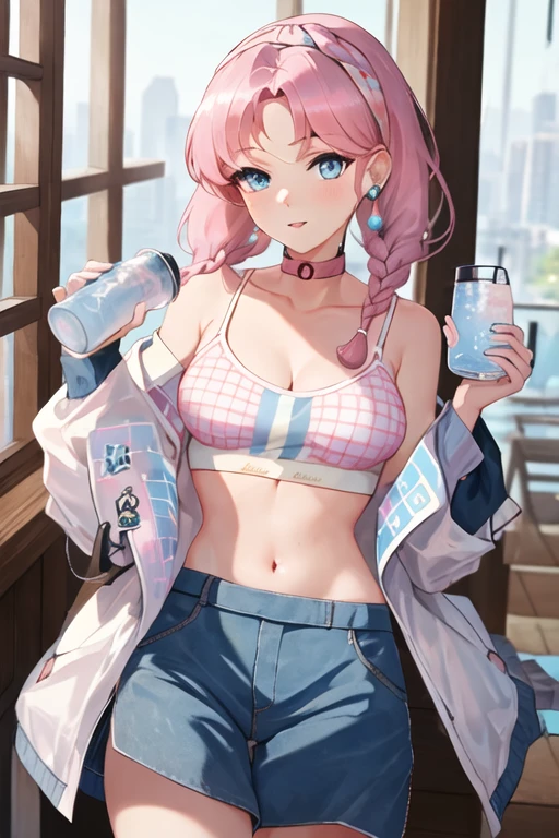 best quality, masterpiece, highres, solo, {blue_poison_arknights:1.15}, blue_eyes, pink_hair, bangs, long_hair, braid, twin_braids, hairband, earrings, jewelry, breasts, upper_body