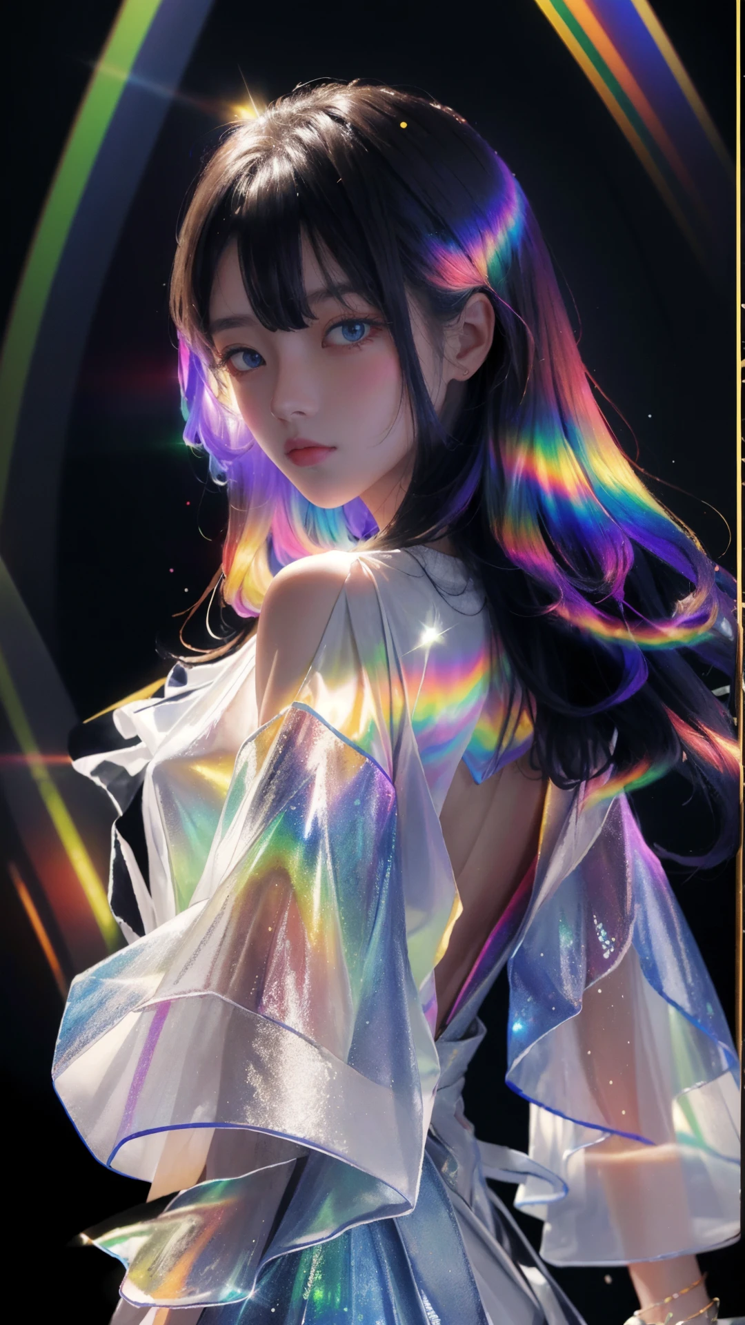 masterpiece, best quality,highres, 1girl, liuli2, tall, long straight hair, perfect stature, white dress, fashion pose, bangs, look_at_viewer, chromatic dispersion,metallic_lustre, see_through, (tansparent_plastic:1.3), coloured glaze, Polychromatic prism effect, rainbowcore, iridescence/opalescence, glowing colors, aluminum foil, Glowing ambiance, building background, (portrait:1.5), look back, <lora:liuli2:0.7>, Tyndall Effect