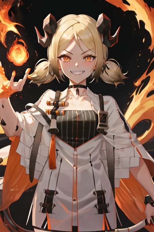 best quality, masterpiece, highres, solo, {ifrit_arknights:1.15}, horns, blonde_hair, orange_eyes, twintails, short_hair, demon_horns, smile, upper_body, fire, 1girl, black_choker, choker, grin, looking_at_viewer, slit_pupils, low_twintails, orange_nails