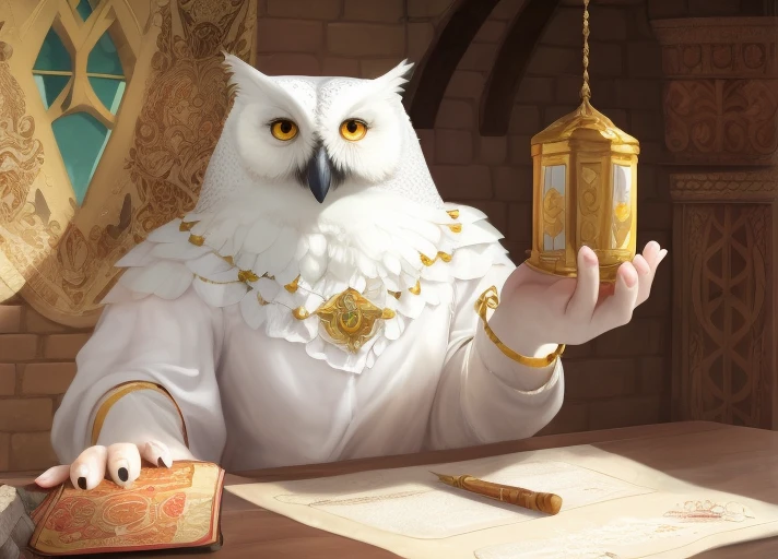 a fullbody snow owl man monster, humanoid, big, clawy hands, fluffy, muscles, white fur, white feathers, slend, mesomorph, sharp focus, dungeons and dragons, rpg arstation, empty handed, illustration, concept art, on parchment., da vinci notes, ultradetailed, artstation, art by greg rutkovski and peter mohrbacher and alphonse mucha