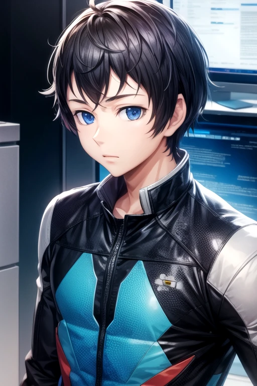 masterpiece, best quality, game cg, 1boy, solo, male focus, looking at viewer, upper body, depth of field, <lora:tomoki_sakai:0.68>, tomoki_sakai, black hair, blue eyes, , soft science fiction,