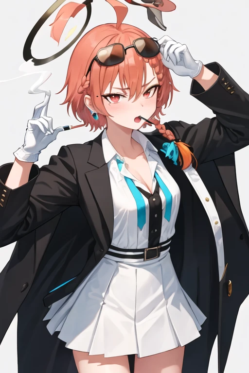 best quality, masterpiece, highres, solo, {black business suit:1.40}, {tie:1.20}, {sunglasses:1.25}, {white gloves:1.15}, {white shirt:1.10}, {black skirt:1.15}, {smoking:1.20}, handsome, {neru_bluearchive:1.15}, braid, mole, mole_under_eye, bangs, red_eyes, halo, ahoge, single_braid, blush, orange_hair, open_mouth, hair_between_eyes, breasts, animal_ears, earrings, fake_animal_ears, rabbit_ears, short_hair, jewelry, small_breasts, pink_hair