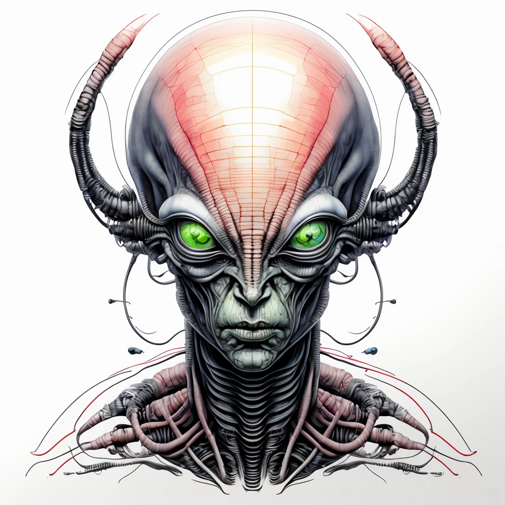 <lora:xk3mt1ks:0.9> alien portrait in the style of xk3mt1ks over white background