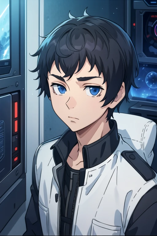masterpiece, best quality, game cg, 1boy, solo, male focus, looking at viewer, upper body, depth of field, <lora:tomoki_sakai:0.70>, tomoki_sakai, black hair, blue eyes, , science fiction military science fiction, 8k resolution