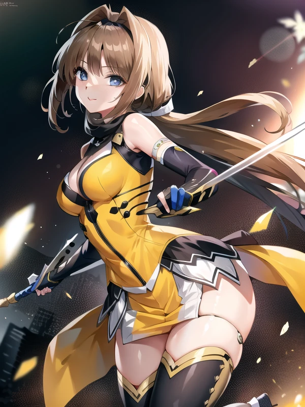 (hyper extreme detailed),(masterpeace),(hyper extreme),(photorealistic),CG,llustration,novel illustration,1girl,TAKAMORI_HARUKA,ninja,white miniskirt, yellow cloth,white legwear,sfw, <lora:TAKAMORI_HARUKA_v4:0.8>