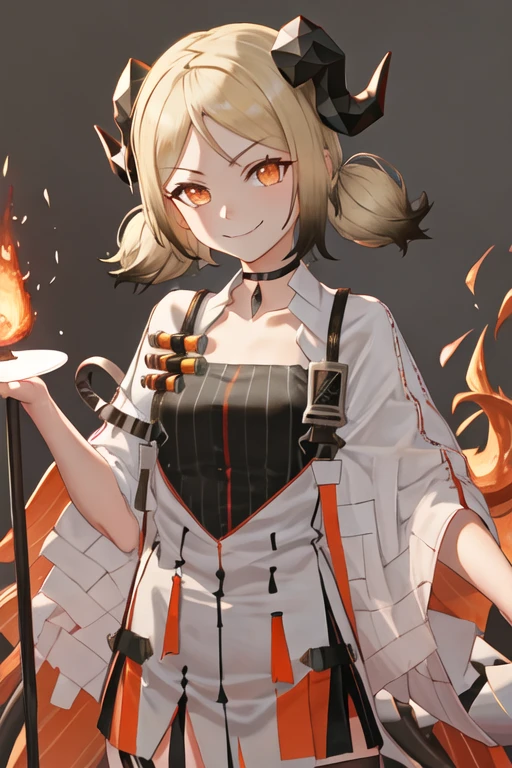 best quality, masterpiece, highres, solo, {ifrit_arknights:1.15}, horns, blonde_hair, orange_eyes, twintails, short_hair, demon_horns, smile, upper_body, fire, 1girl, black_choker, choker, closed_mouth, grey_background, looking_at_viewer, low_twintails, short_twintails, simple_background, bangs