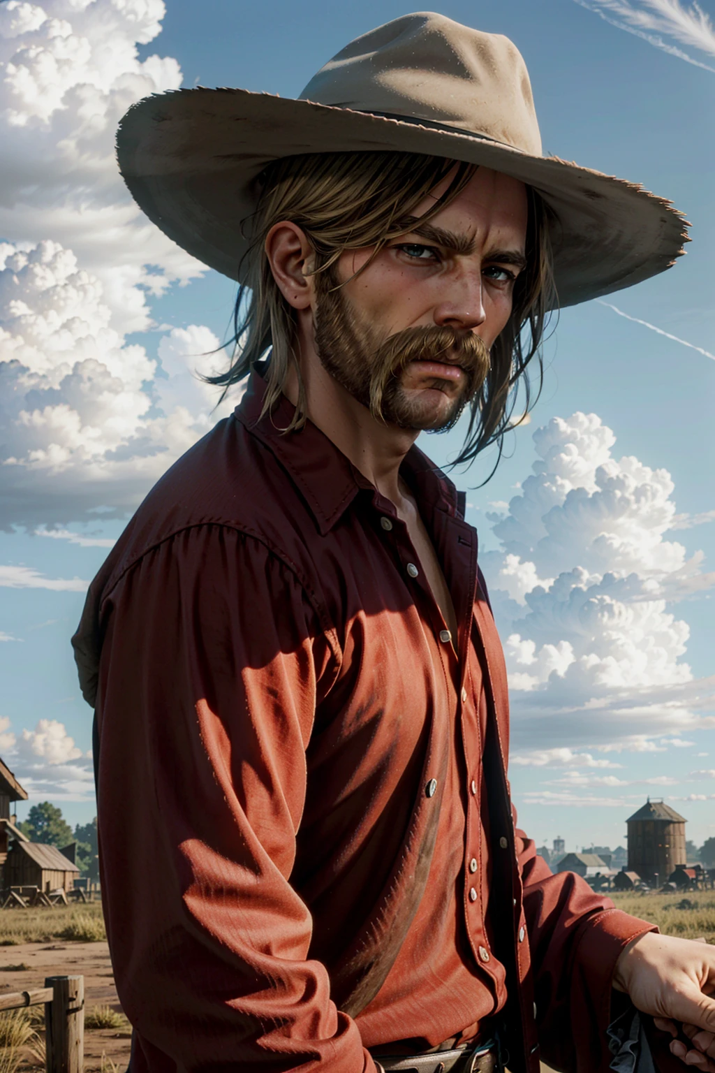 MicahRDR, male focus, 1boy, solo, facial hair, hat, beard, blonde hair, outdoors, cloud, sky, cowboy hat, shirt, upper body, looking at viewer, day, red shirt, mustache, blurry, hand up
<lora:epi_noiseoffset2:1>, <lora:MicahRDR:0.7>