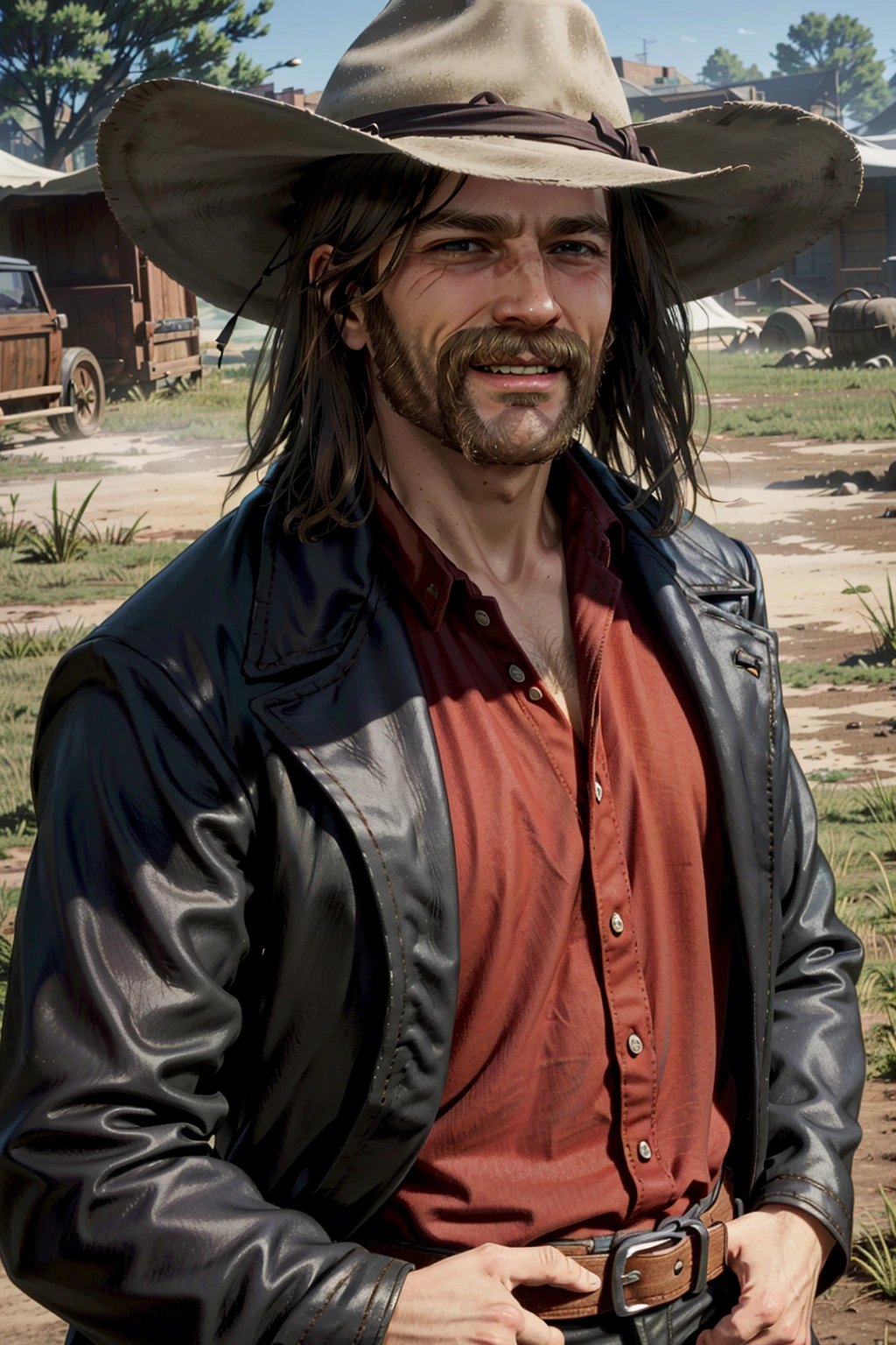 MicahRDR, 1boy, male focus, solo, facial hair, hat, beard, red shirt, cowboy hat, brown hair, jacket, shirt, smile, outdoors, grass, upper body, black jacket, realistic, mustache
<lora:epi_noiseoffset2:1>, <lora:MicahRDR:0.7>