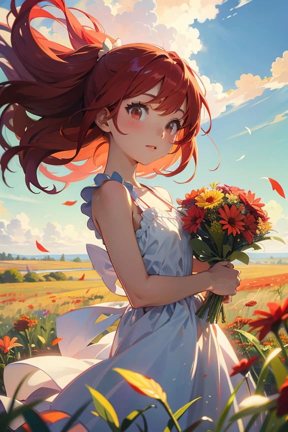 upper body, Create an image of an anime girl with bright red hair, wearing a sundress and holding a bouquet of wildflowers, standing in a field of tall grass with a soft breeze blowing through. The scene should capture the whimsical and carefree style of Sakimichan, with a sense of peace and tranquility in the air.