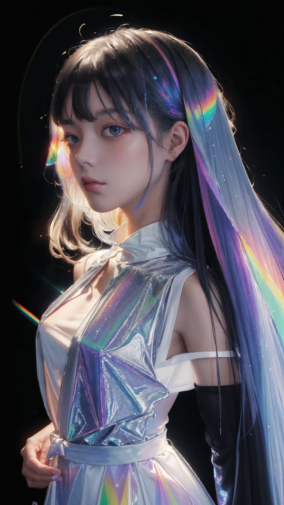 masterpiece, best quality,highres, 1girl, tall, perfect stature, white dress, fashion pose, bangs, look back, <lora:liuli:0.7>, chromatic dispersion,metallic_lustre, tansparent_plastic, coloured glaze, Polychromatic prism effect, rainbowcore, iridescence/opalescence, glowing colors, aluminum foil, Glowing ambiance, (portrait:1.5), white background