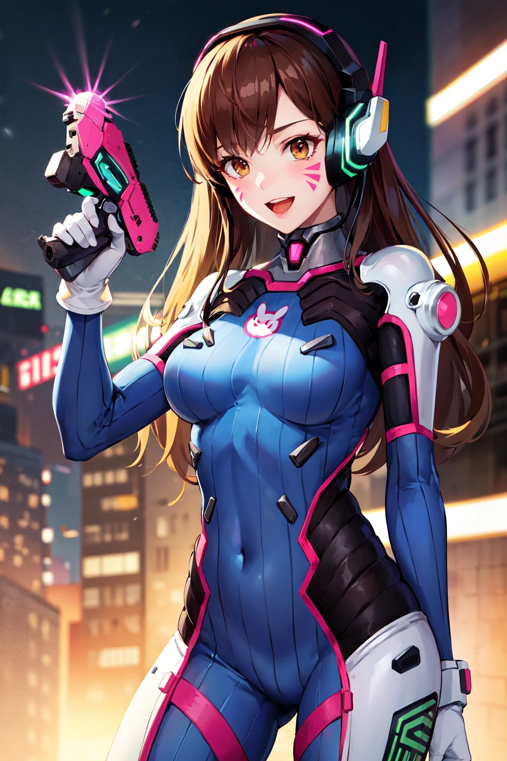 masterpiece, best quality, highres, aahana, long hair, brown hair, headphones, whisker markings, shoulder pads, blue bodysuit, ribbed bodysuit, animal print, clothes writing, long sleeves, white gloves, <lora:d.va_v1:0.8>, cowboy shot, standing, holding weapon, handgun, smile, open mouth, cyberpunk,