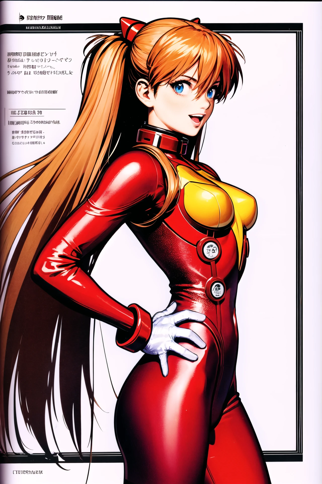 1girl, long hair, plugsuit, bodysuit, souryuu asuka langley, pilot suit, bracer, blue eyes, smile, open mouth, breasts, bangs, turtleneck, solo, cowboy shot, :d, hair between eyes, gloves, (red bodysuit:1.5), small breasts,looking at viewer, headgear, two side up, hand on hip, skinny, adjusting hair, narrow waist, standing, brown hair, science fiction,hand up, shiny clothes, hair ornament, happy, from side, shiny, skin tight, simple background, black background, <lora:shinkiro:0.8>