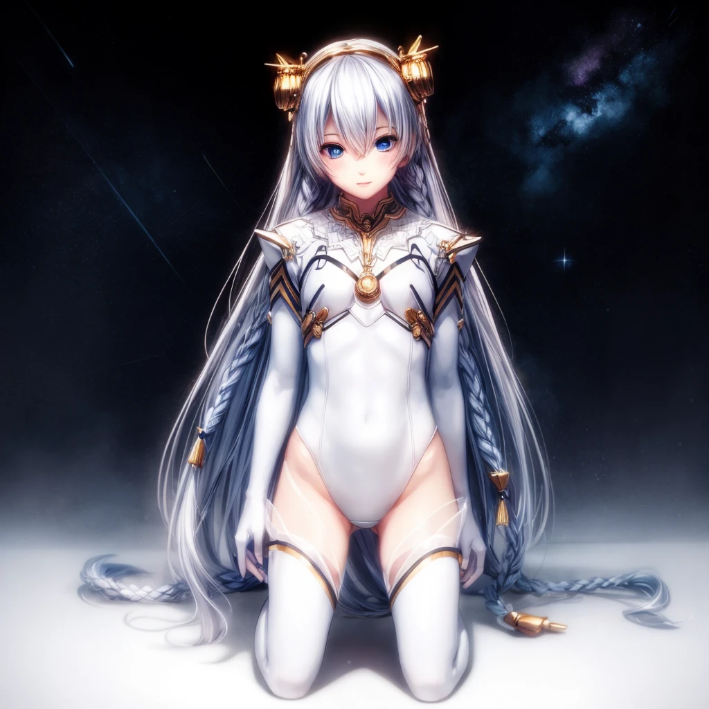 8k, 4k, intricate details, cinematic lighting, stunning environment, ornate, (realistic:1.1), detailed face, detailed eyes, detailed shadows, 1girl, blue eyes, blush, braid, flat chest, full body, hair between eyes, hair ornament, headgear, kneeling, leotard, light smile, long hair, looking at viewer, parted lips, blue eyes, see-through, shurelia, simple background, solo, star (sky), thighhighs, twin braids, very long hair, white gloves, white hair, <lora:1_ADD_Detail:1>, <lora:CHA_Shurelia:0.8>