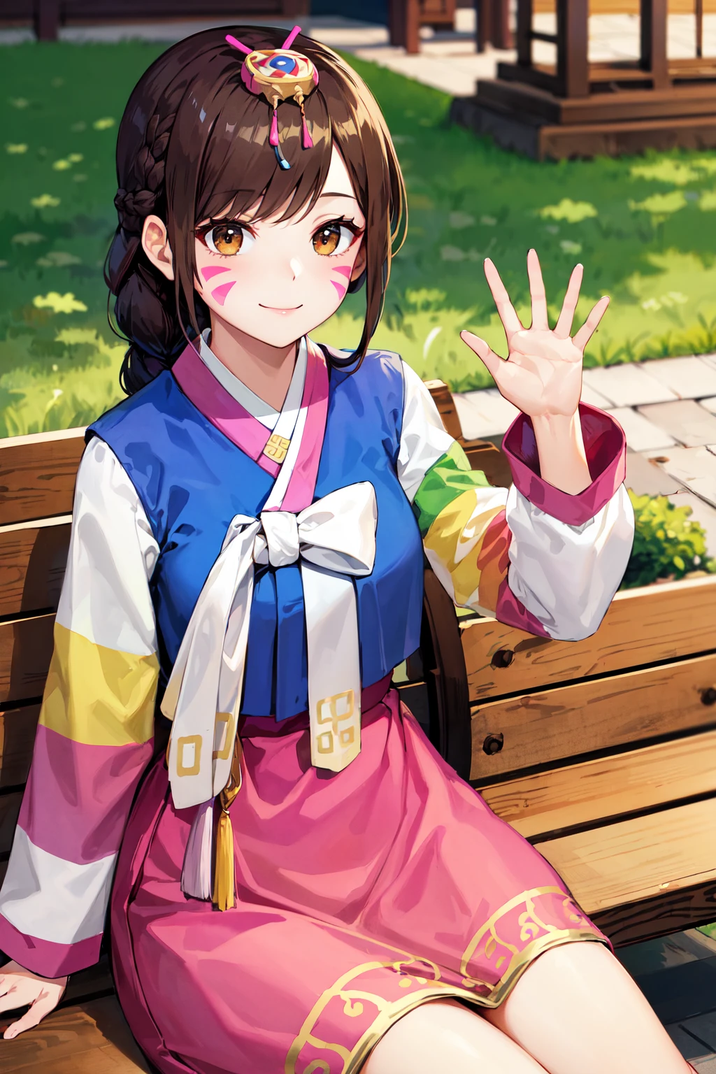 masterpiece, best quality, highres, bbhana, long hair, brown hair, single braid, hair ornament, whisker markings, korean clothes, hanbok, long sleeves, striped sleeves, pink skirt, <lora:d.va_v1:0.8>, sitting, smile, waving, bench, outdoors,