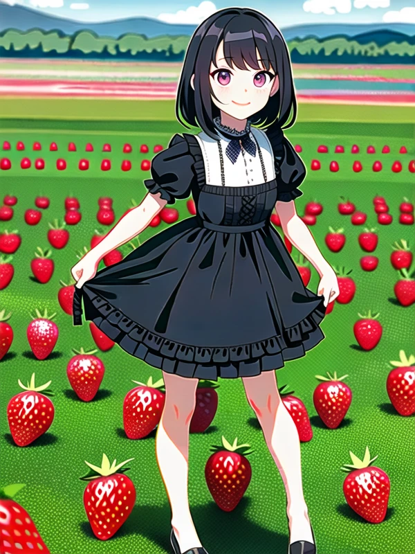 solo,Goth dress girl picking strawberries in a strawberry field