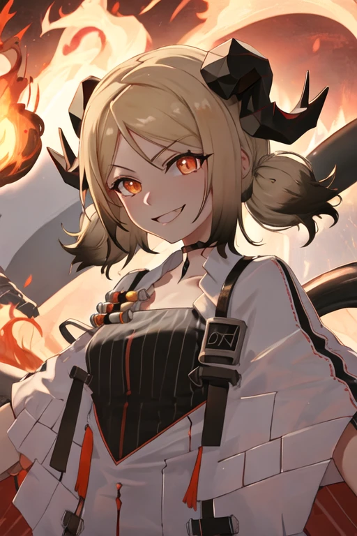 best quality, masterpiece, highres, solo, {ifrit_arknights:1.15}, horns, blonde_hair, orange_eyes, twintails, short_hair, demon_horns, smile, upper_body, fire