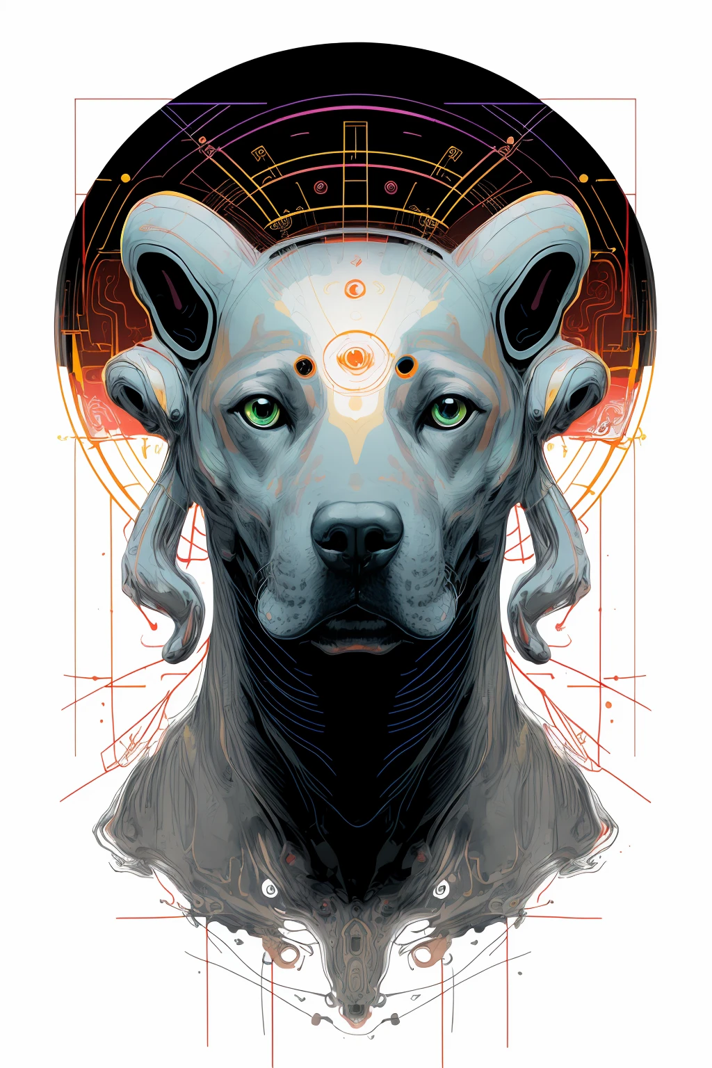 <lora:xk3mt1ks:0.6> alien god dog portrait in the style of xk3mt1ks over white background