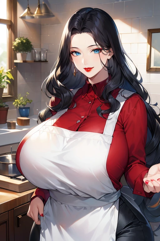 ((masterpiece)), ((best quality)), (ultra-detailed), absurdres, extremely detailed CG unity 8k wallpaper, Official Art, Accurate describe shapes, beautiful face, detailed hands, expressive eyes, upper body, looking at viewer, solo, (realistic), close-up, (standing, dynamic pose, smile:1.2), (kitchen, dramatic light, scenery, illustration:1.1), (1girl, mature female, milf, gigantic breasts, red lips, wide hips, curvy, long hair, wavy hair, black hair, blue eyes, forehead:1.4), (red shirt, black pants, long sleeves, white apron:1.3), ((masterpiece)), ,absurdres, HDR <lora:epi_noiseoffset2:0.7> <lora:GoodHands-beta2:1> <lora:MatureFemaleLoHA:0.7>