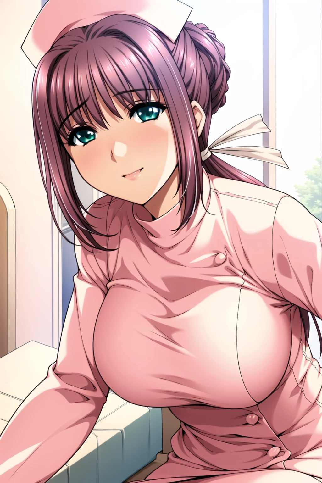 (((24yo, japanese-bitch))), (((((facial))))), (((((cum in breasts))))), (wearing see-through pink nurse uniform))), (large breasts), (large hip), (sexy pose), (((seductive-smile))), nsfw, vulgality, (very tanned shiny skin), fishnet thighhighs, (((skindentation))), photorealistic, realistic, solo, photorealistic, best quality, ultra high res, 1girl, YuraS, bed, colorful, parted lips, daytime setting, beautiful, masterpiece, best quality, extremely detailed face, perfect lighting, ultra high res, ultra detailed 