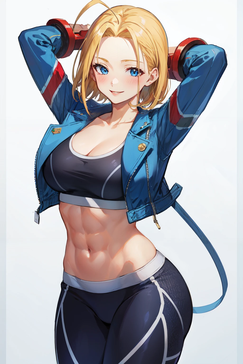 <lora:cammy_white-v2:1>cammy sf6,1girl ,solo , blonde hair , blue eyes, short hair, sports bra , blue jacket , yoga pant, looking at viewer, arms behind back, blush , smile , happy , red lipstick,,large breasts,antenna hair, abs