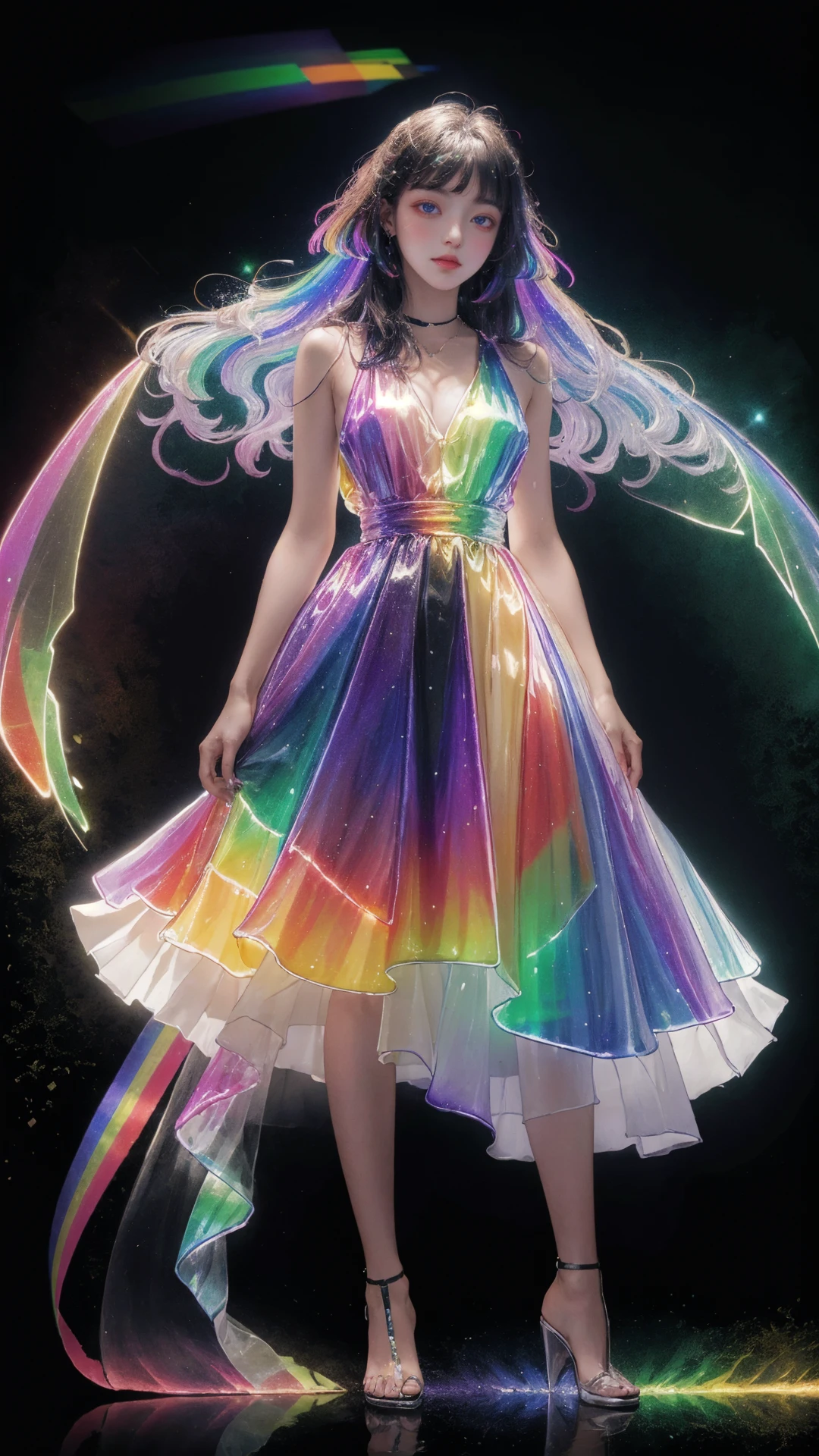 masterpiece, best quality,highres, 1girl, tall, long hair, perfect stature, white dress, fashion pose, bangs, chromatic dispersion,metallic_lustre, see_through, (tansparent_plastic:1.3), coloured glaze, Polychromatic prism effect, rainbowcore, iridescence/opalescence, glowing colors, aluminum foil, Glowing ambiance, (portrait:1.5), black background, full body, <lora:liuli2:0.7>,