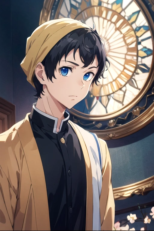 masterpiece, best quality, wallpaper, 1boy, solo, male focus, looking at viewer, upper body, depth of field, <lora:tomoki_sakai:0.70>, tomoki_sakai, black hair, blue eyes, , , islamic golden age, 12k resolution