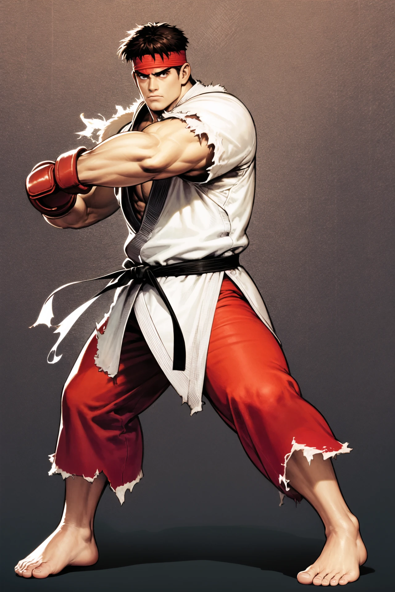 dougi, solo, 1boy, male focus, ryu (street fighter), headband, barefoot, gloves, muscular, brown hair, fingerless gloves, torn clothes, pectorals, martial arts belt, full body, clenched hands, <lora:shinkiro:0.8>
