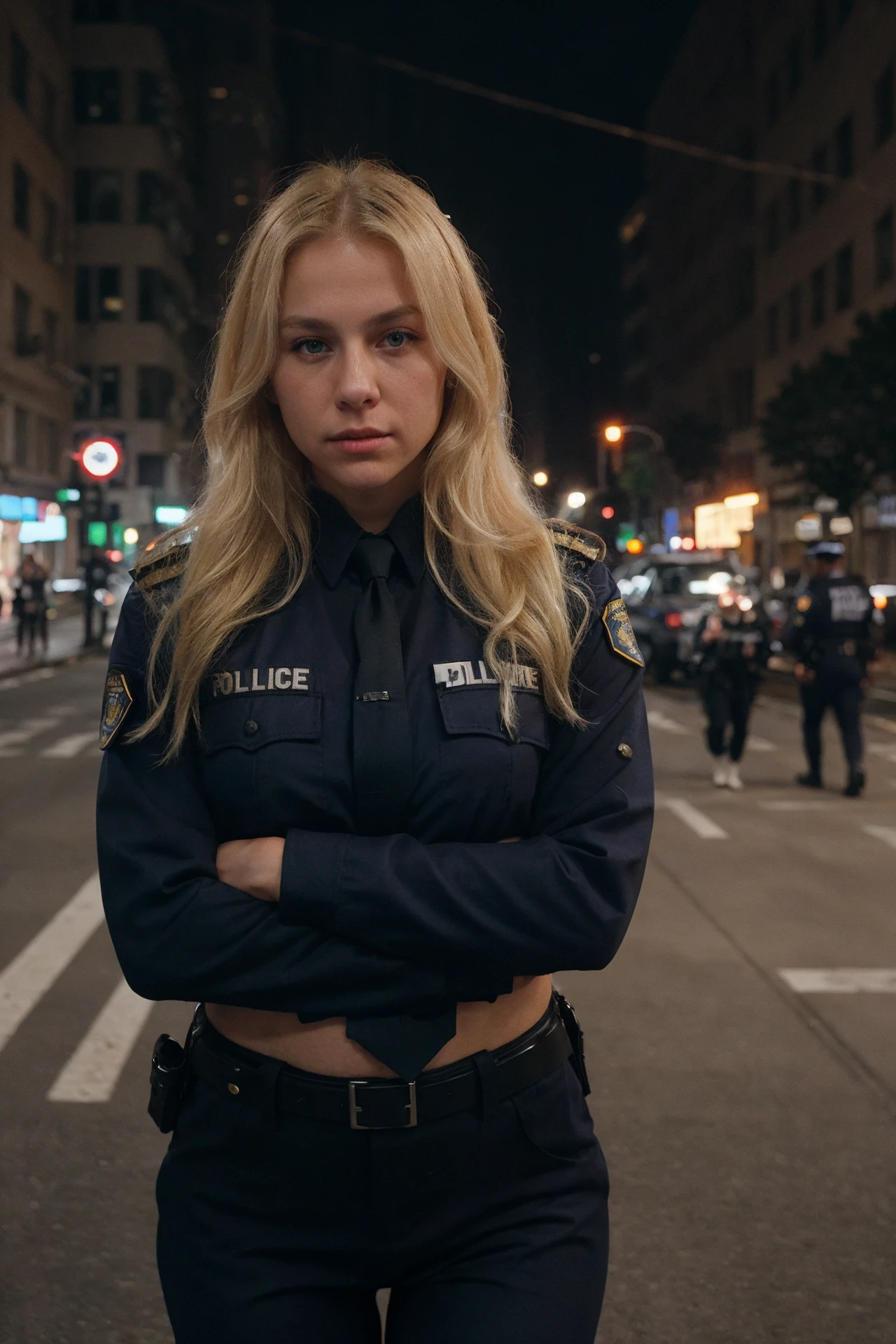 blond female police officer uniform in new york streets <lora:epiCRealLife:1>