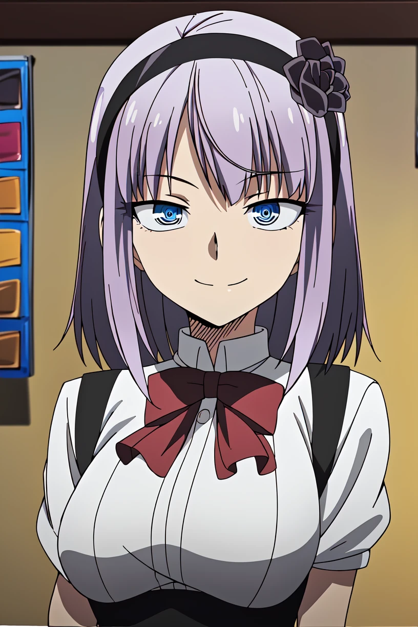 (extremely detailed CG unity 8k wallpaper),(masterpiece),(best quality),(ultra-detailed),(best illustration),(best shadow),(absurdres), <lora:hotaru-09:0.7>, Hotaru, 1girl, solo, purple hair, ringed eyes, blue eyes, smile, hairband, short hair, hair ornament, looking at viewer, hair flower, upper body,, breast, candy shop background