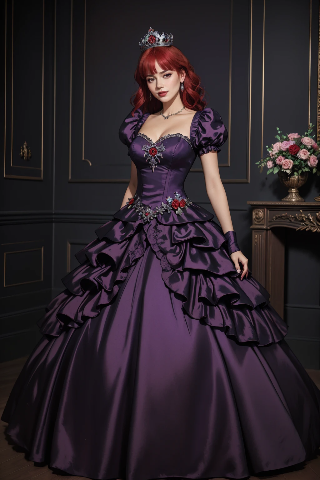 ((Masterpiece, best quality,edgQuality)),smirk,smug,
edgAyre, red hair,red eyes,
<lora:edgAyre_AC6:1>
ballgown, a woman in a purple dress posing for a picture , wearing a ballgown,crown, <lora:edgBallgown_MINI:1>