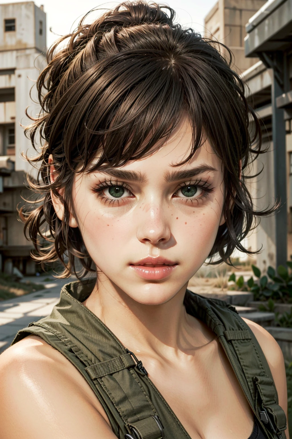 QuietMGS, 1girl, solo, brown hair, realistic, ponytail, lips, green eyes, portrait, short hair, close-up
<lora:epi_noiseoffset2:1>, <lora:QuietMGS:0.7>