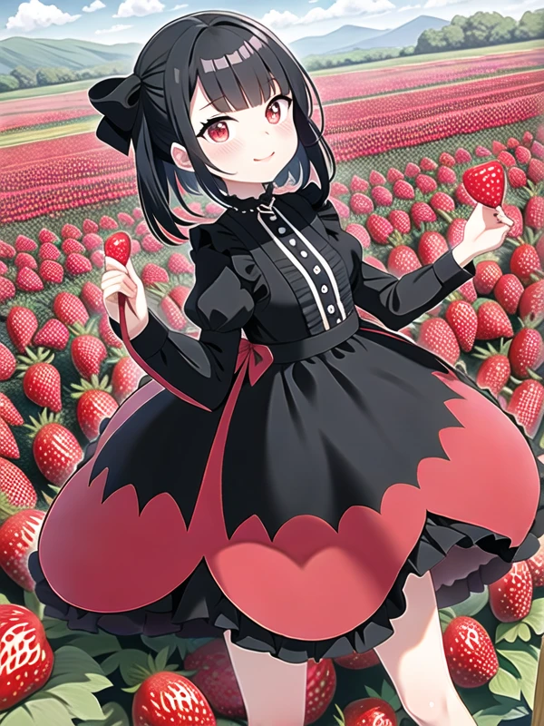 solo,Goth dress girl picking strawberries in a strawberry field