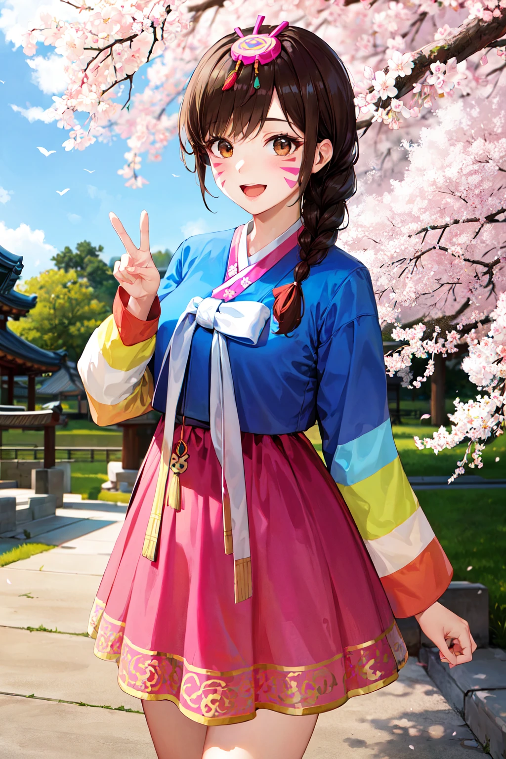 masterpiece, best quality, highres, bbhana, long hair, brown hair, single braid, hair ornament, whisker markings, korean clothes, hanbok, long sleeves, striped sleeves, pink skirt, <lora:d.va_v1:0.8>, cherry blossoms, outdoors, standing, smile, open mouth, peace sign