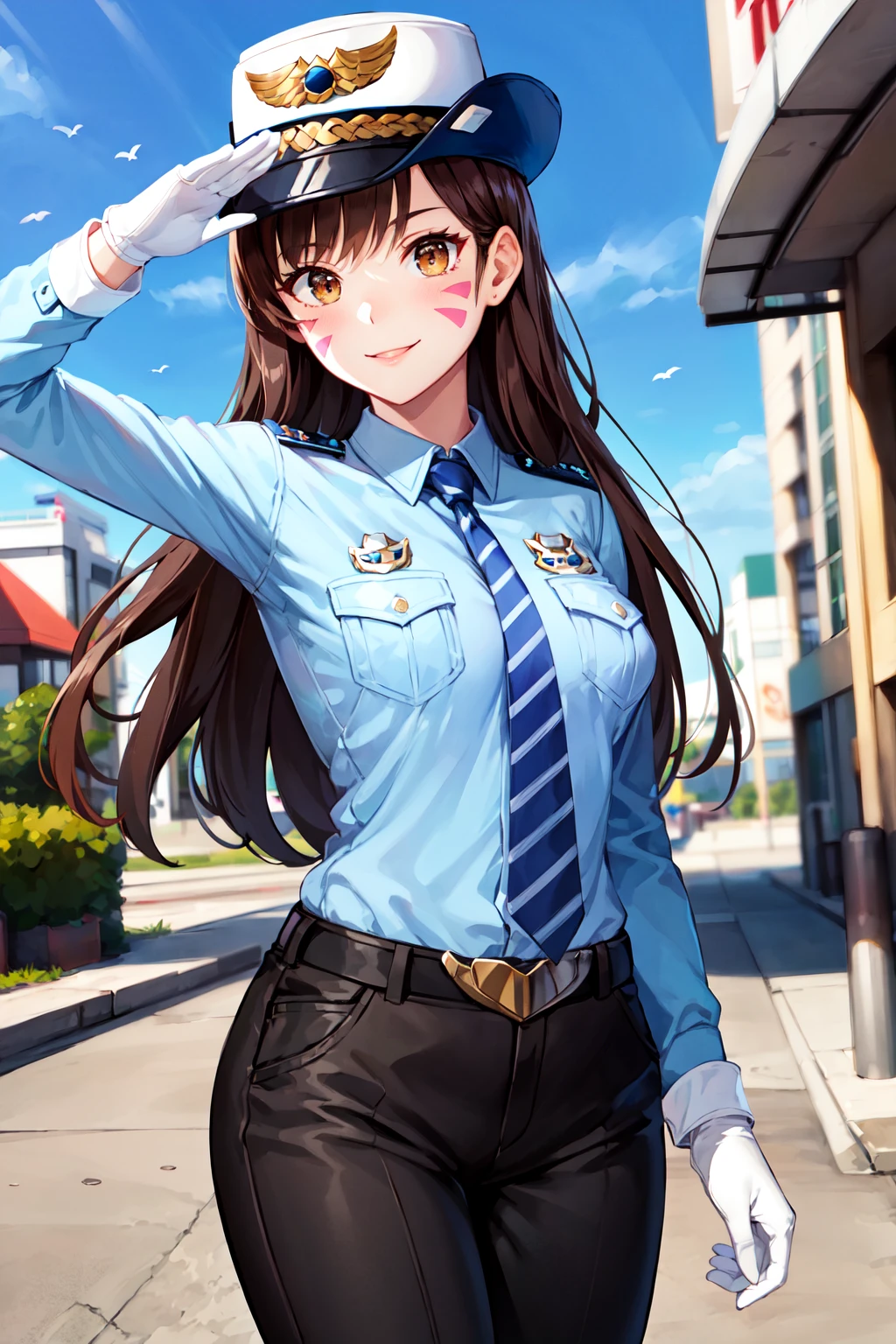 masterpiece, best quality, highres, cchana, long hair, brown hair, whisker markings, police hat, white headwear, police uniform, striped necktie, blue shirt, collared shirt, breast pocket, long sleeves, white gloves, belt, black pants, <lora:d.va_v1:0.8>, smile, cowboy shot, standing, salute, park, outdoors