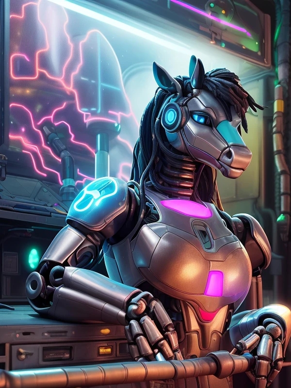 portrait, equid, horse, cybernetic, metalic, shiny cybernetic, black hair, (robot:1.2), neon blue eyes, wires, defiance512, dark lab room, (dan mumford:1.4), 3d <lora:Furtastic_Detailer:-1@0.2,1@0.3,2@0.5,0@1>